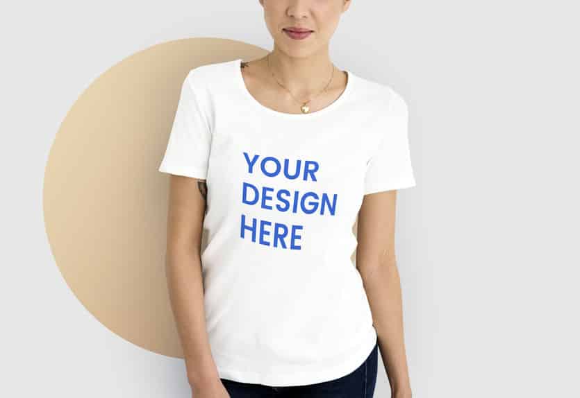 woman wearing mockup design space white tee